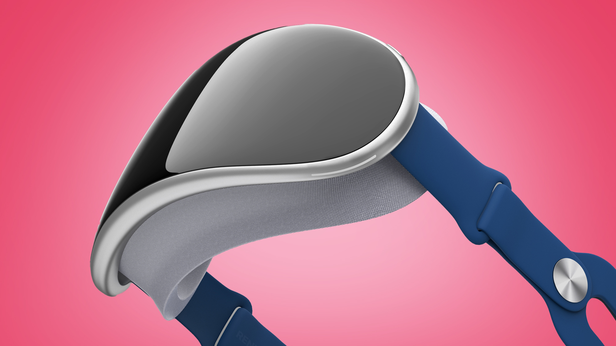 render of the rumored Apple VR headset on a pink background